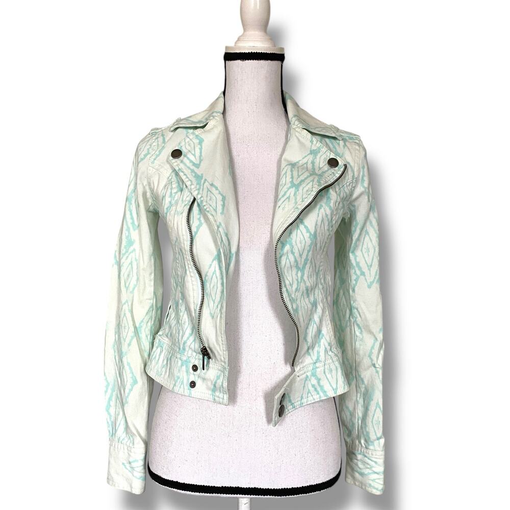 Vintage Y2k Mudd Patterned Moto-Style Jacket SZ XS White Stretch Denim Rocker